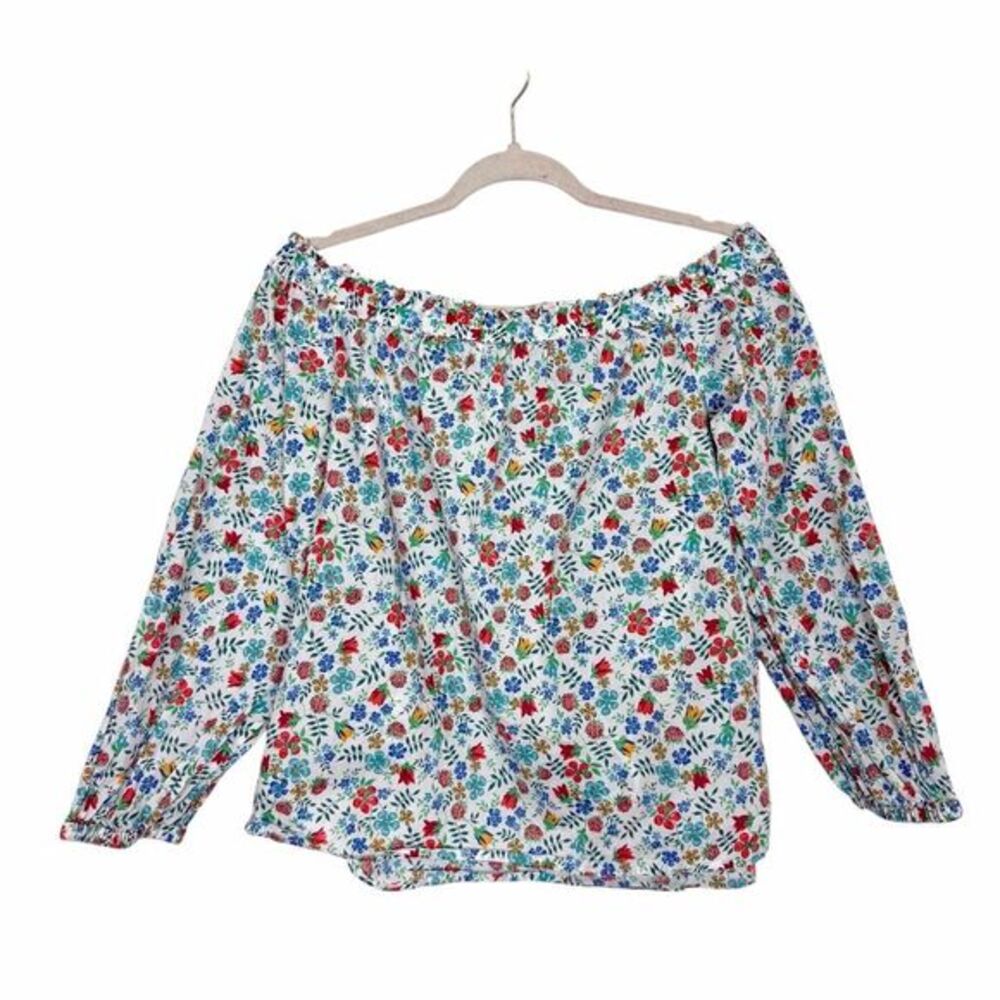 J. Crew Liberty Blouse Women Size 8 Colorful White Floral Print Off The Shoulder